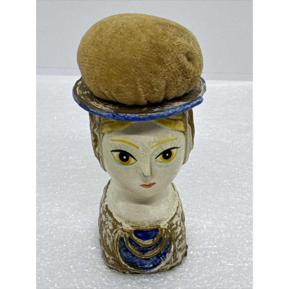 Midcentury Pincushion By Collegiate Made In Japan, Paper Mache Figural Lady